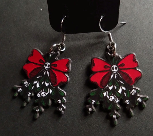 Gothic skull and bow acrylic Christmas earrings