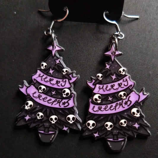 Gothic purple and black skull acrylic Christmas tree earrings