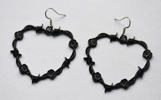 Gothic black heart barbed wire statement earrings on stainless steel ear wires